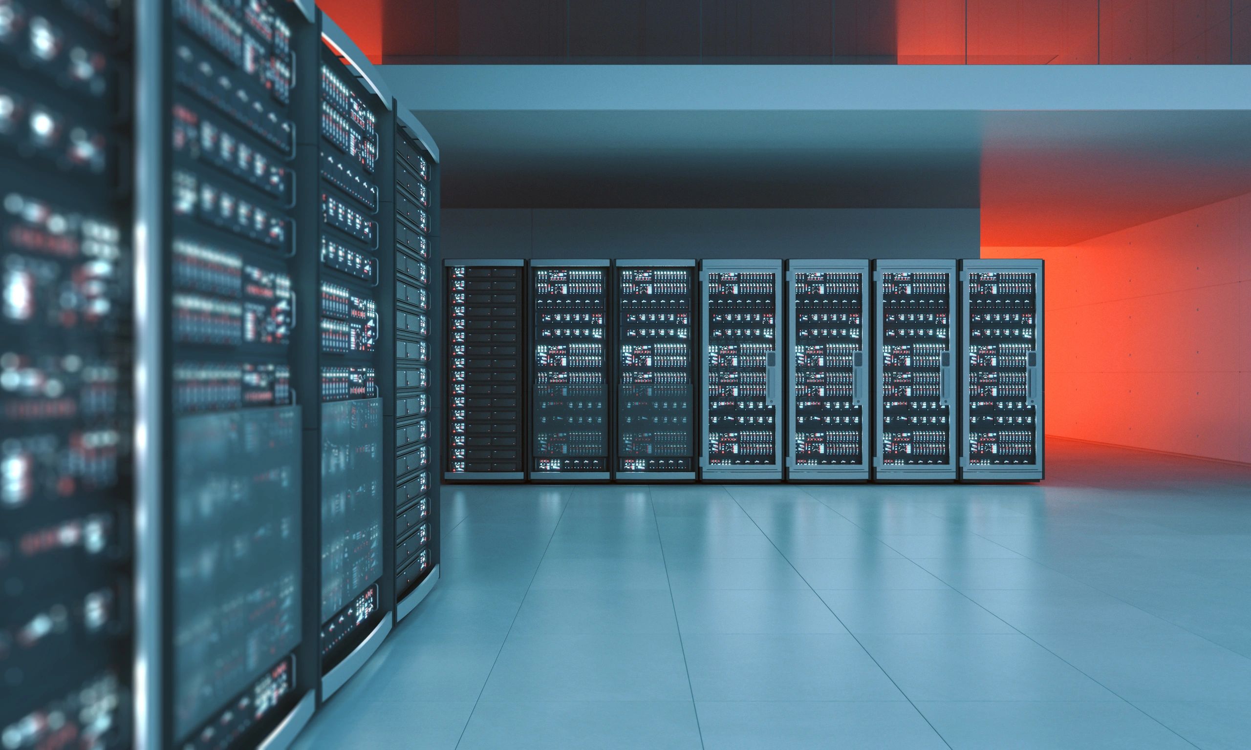 Modern data center servers with blue lighting