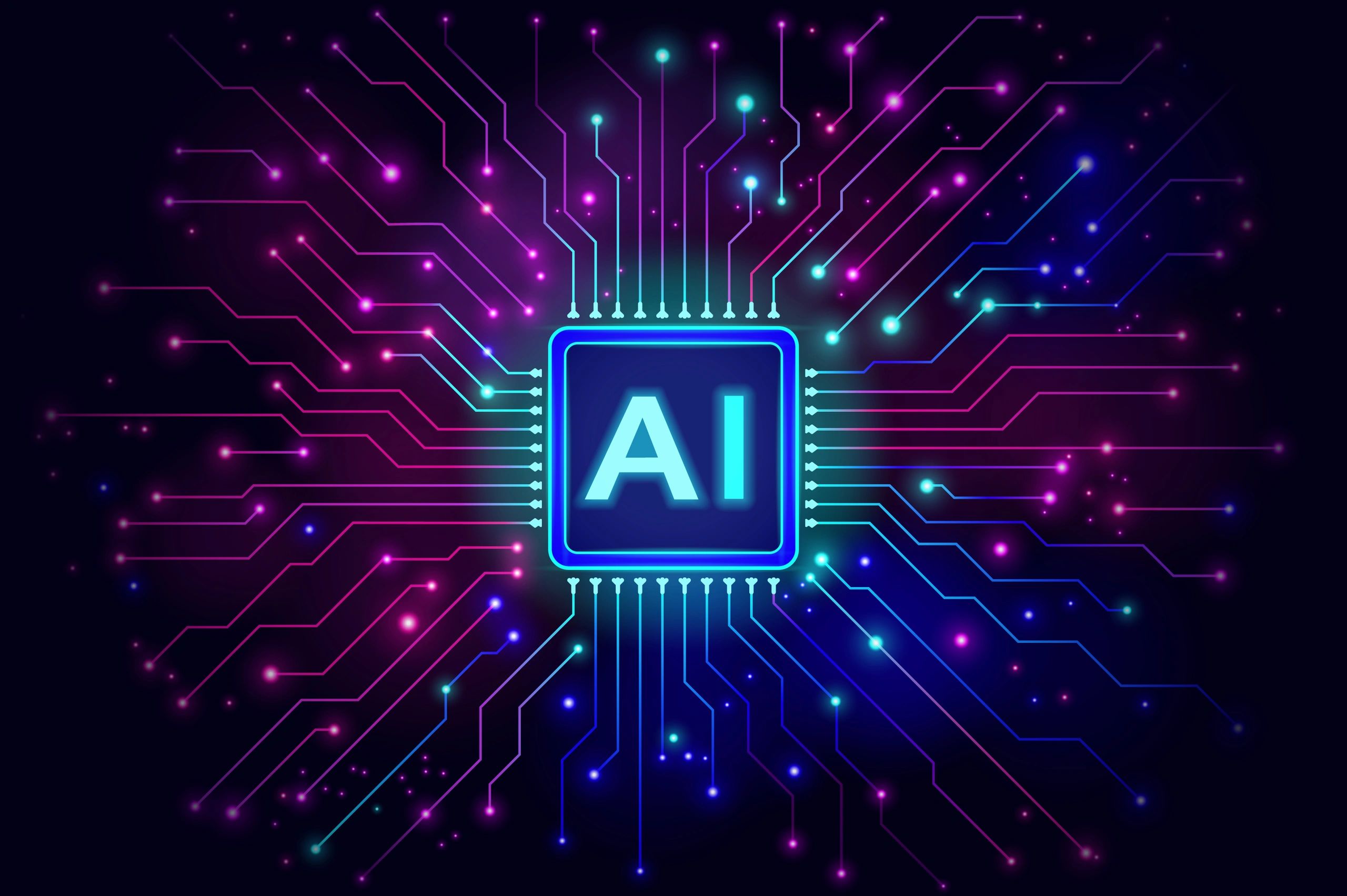 Futuristic AI microchip with neon circuit lines